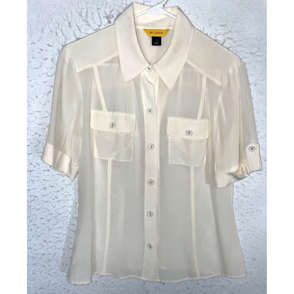 St. John Women's 100% Silk Short Sleeve Chest pockets Cover Buttons Blouse Sz 8